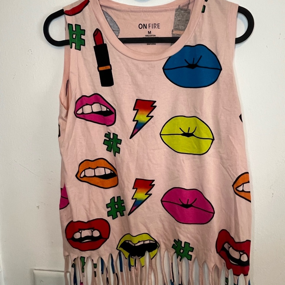 On Fire Pink Graphic Fringe Tank Top